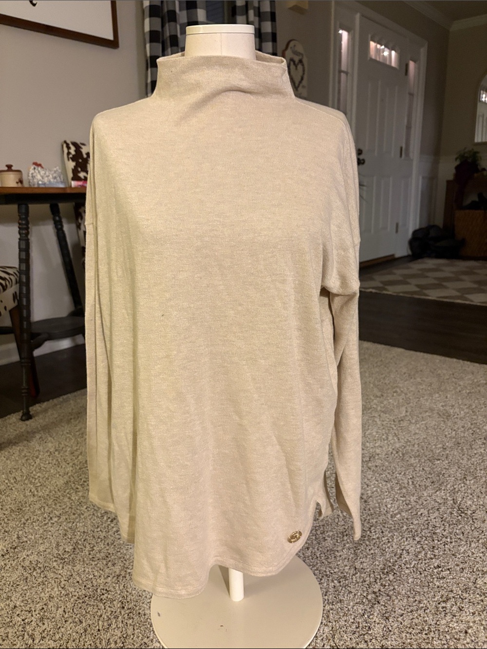 Michael Kors Cream-Beige Mock Neck Knit Top with Gold MK Medallion